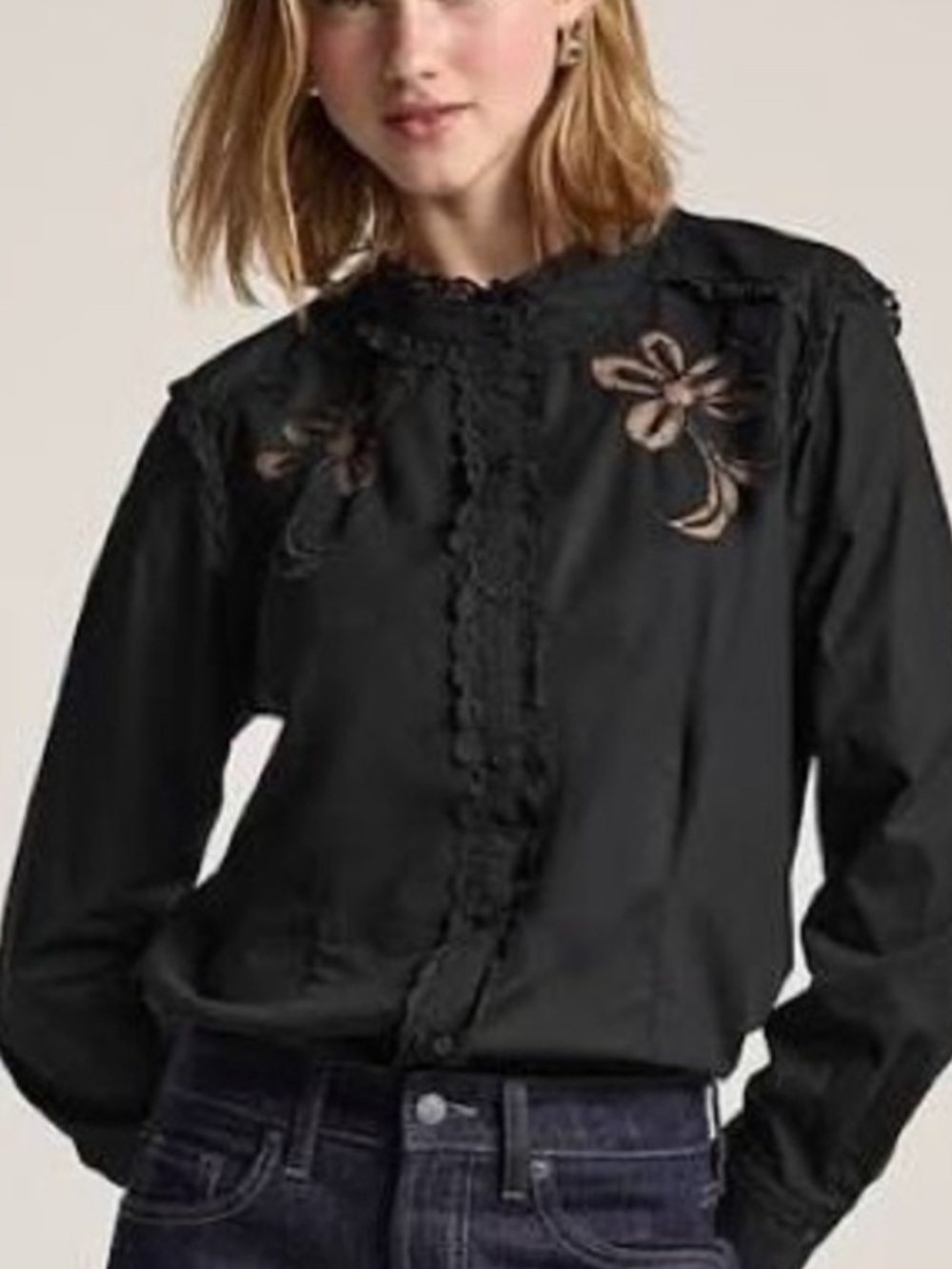 Old Navy x Anna Sui Black Floral Applique Ruffle-Front Blouse